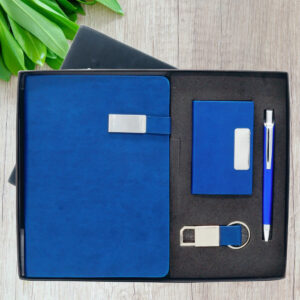 Gift Set Combo 4 in 1 blue color with logo engraved on all Dairy, pen, Keychain, and Card Holder